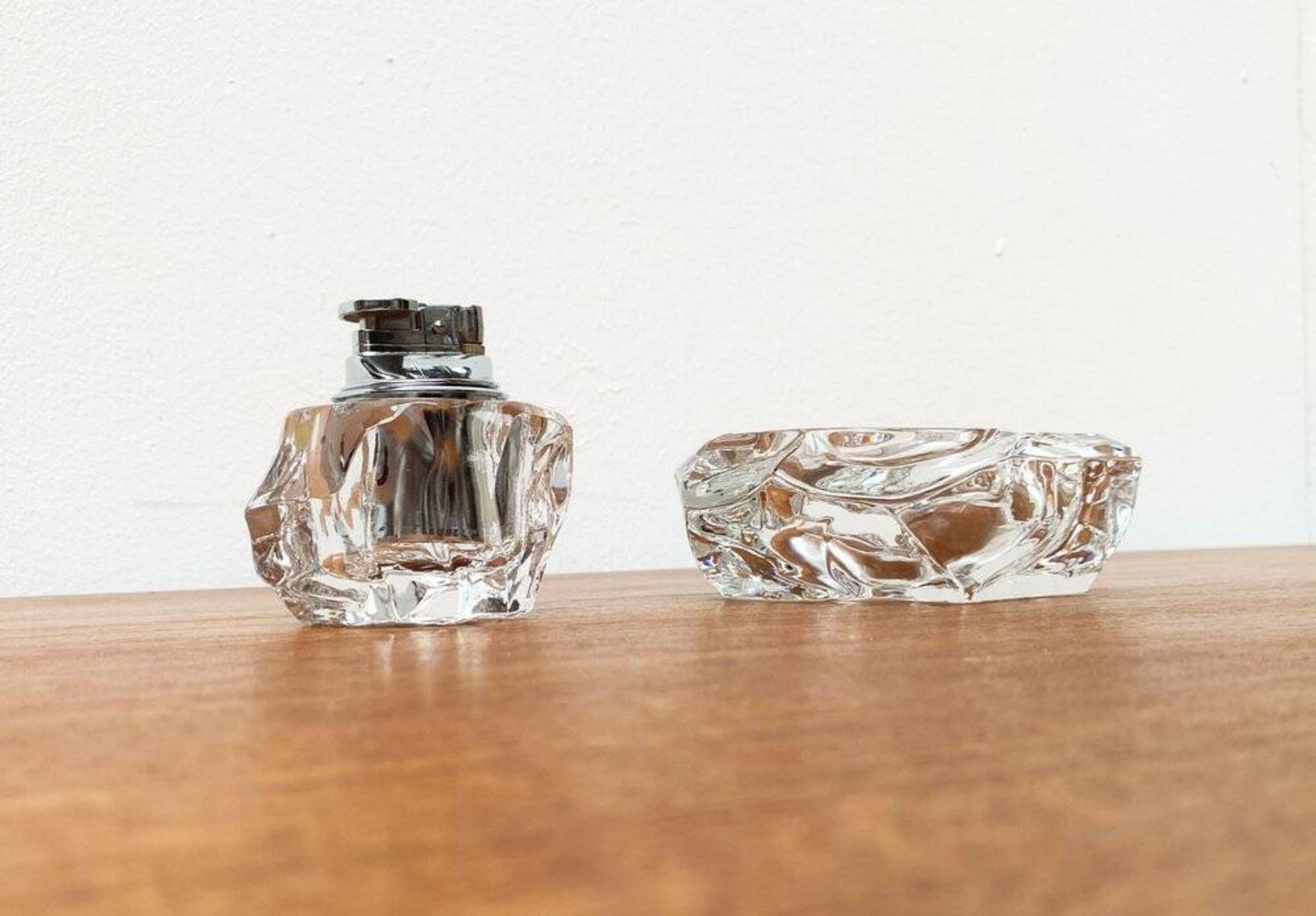 Mid-century Scandinavian heavy frosted glass table and ashtray, 1960s, set of 2.