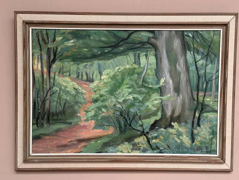 Original Swedish Oil on Canvas – "Path through the Forest" by H.J. Larsson – Signed, Vintage and Framed – 70 x 50 cm (27.5 x 19.6 inches)