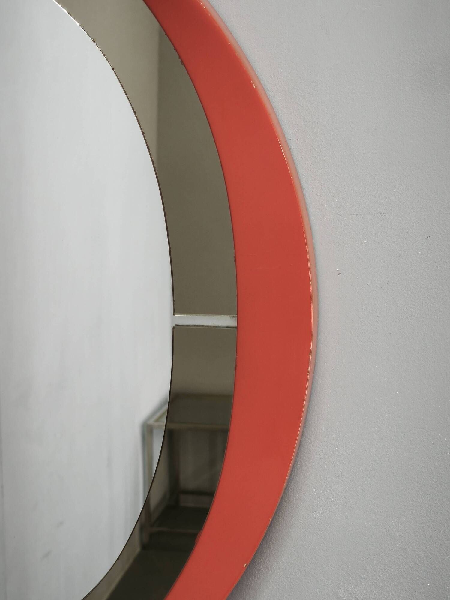 1970s Italian Space Age Red Lacquer and Smoked Glass Round Mirror
