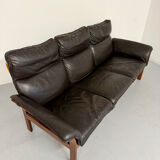 Vintage black leather Dreipunkt Scala design 3-seater sofa in teak.