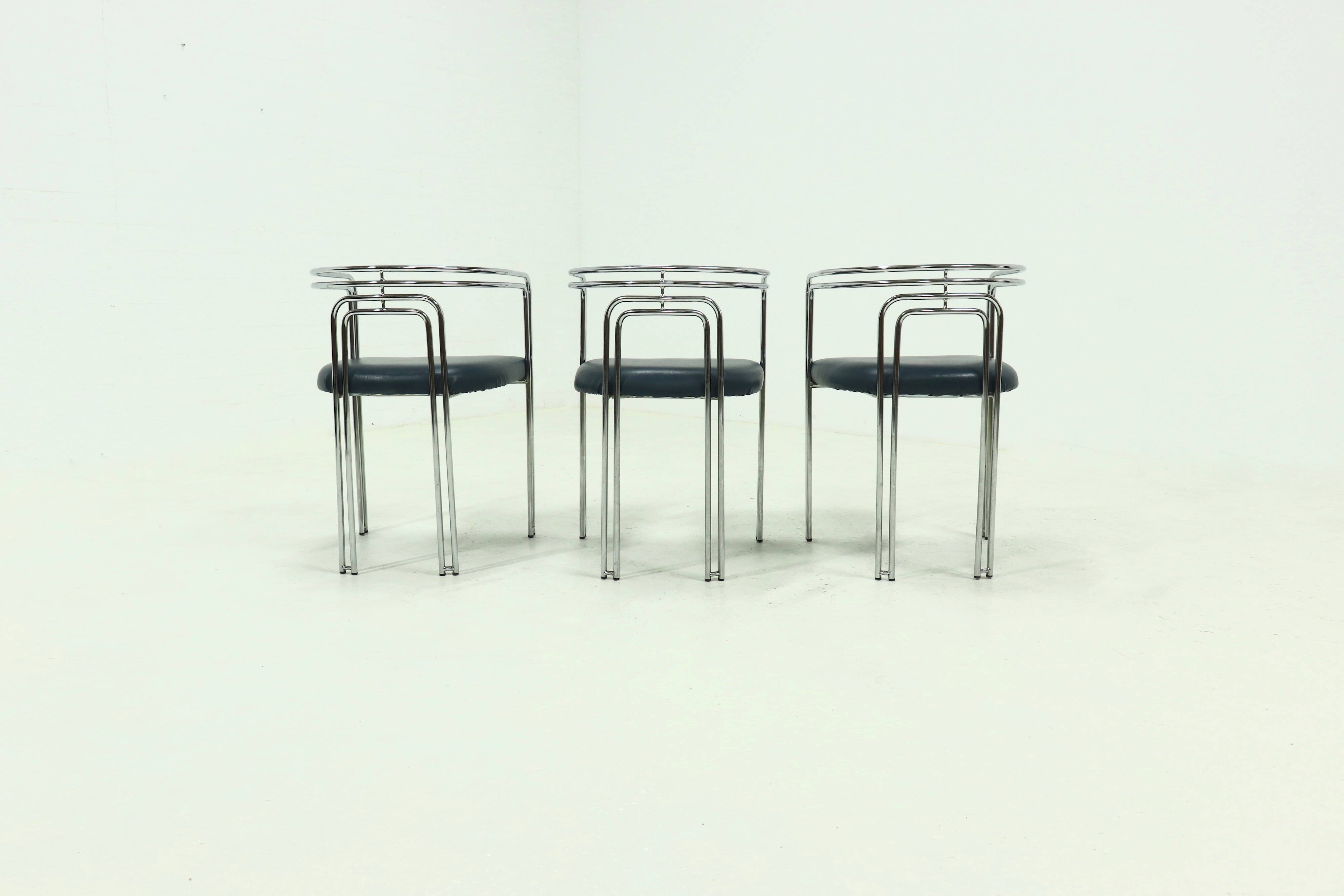 Set of 3 Chromed Steel Dining Chairs, France 1970s