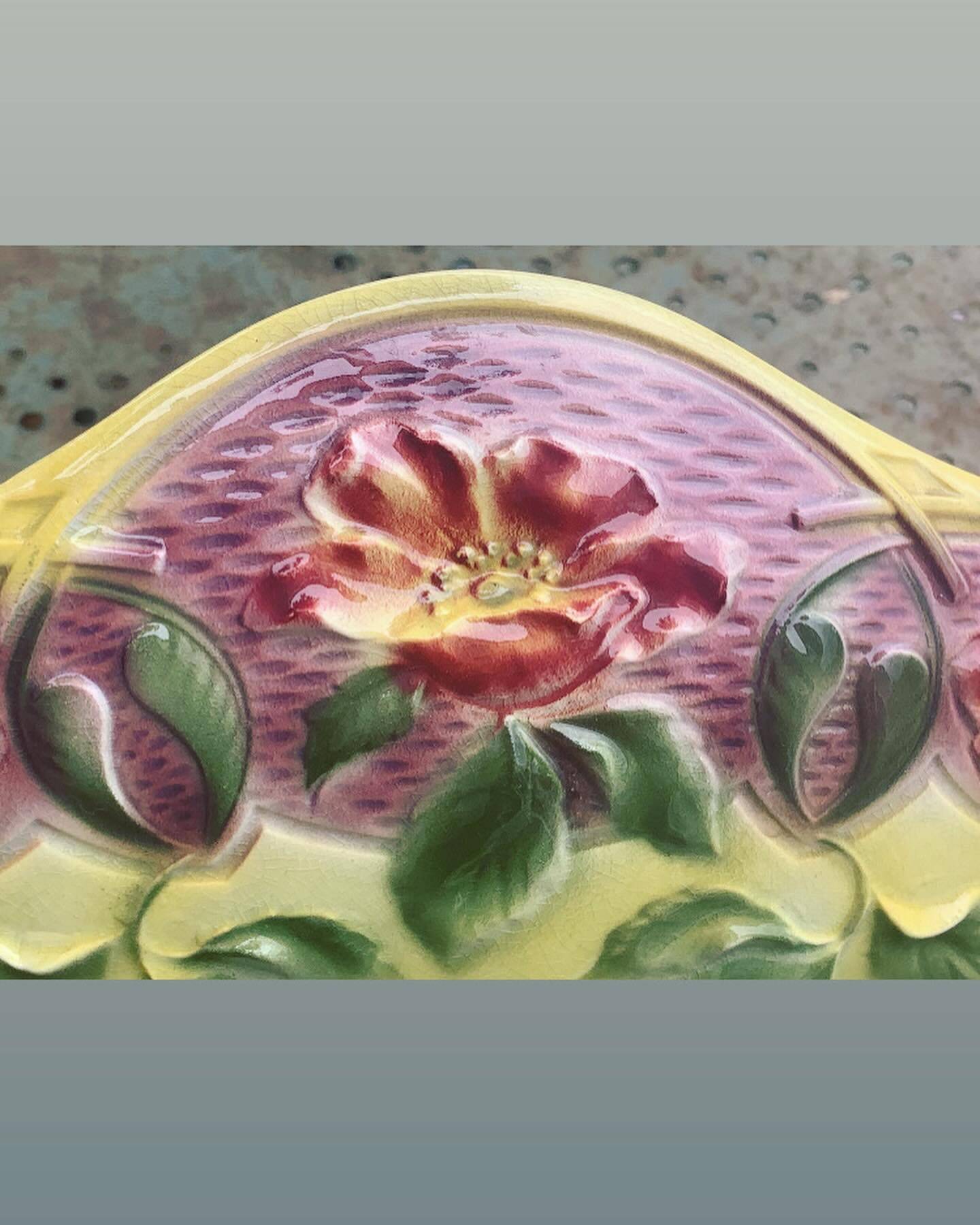 Yellow glazed ceramic slip planter, hawthorn pink flower pattern, art deco