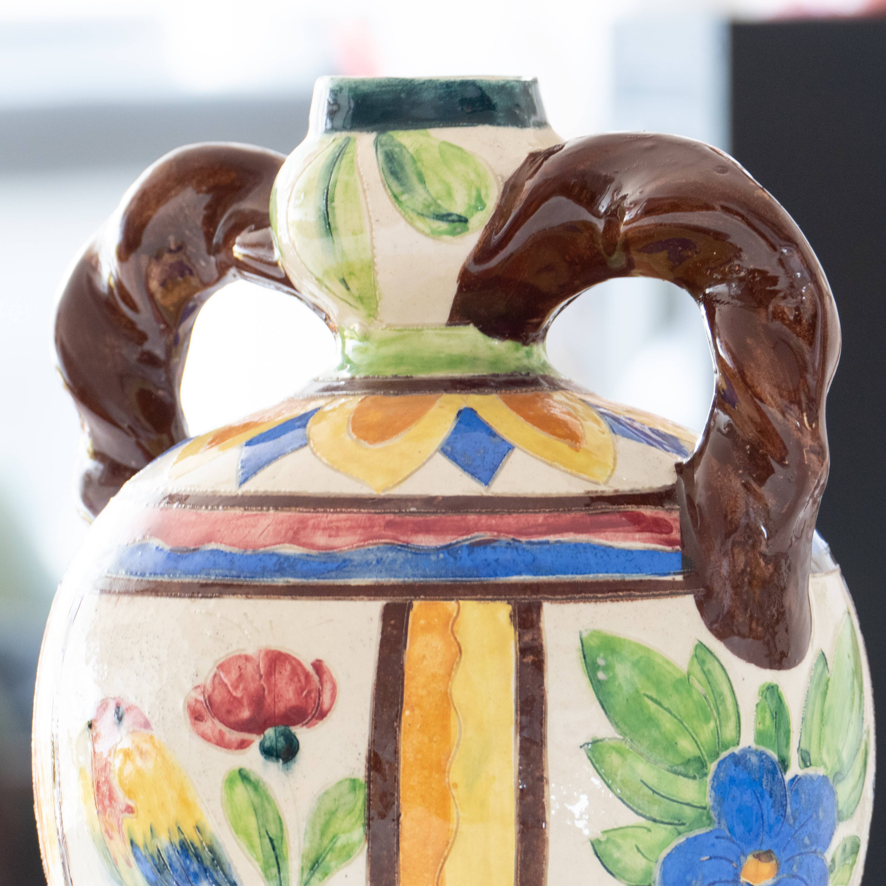 Old handcrafted amphora / polychrome bird glazed terracotta vase