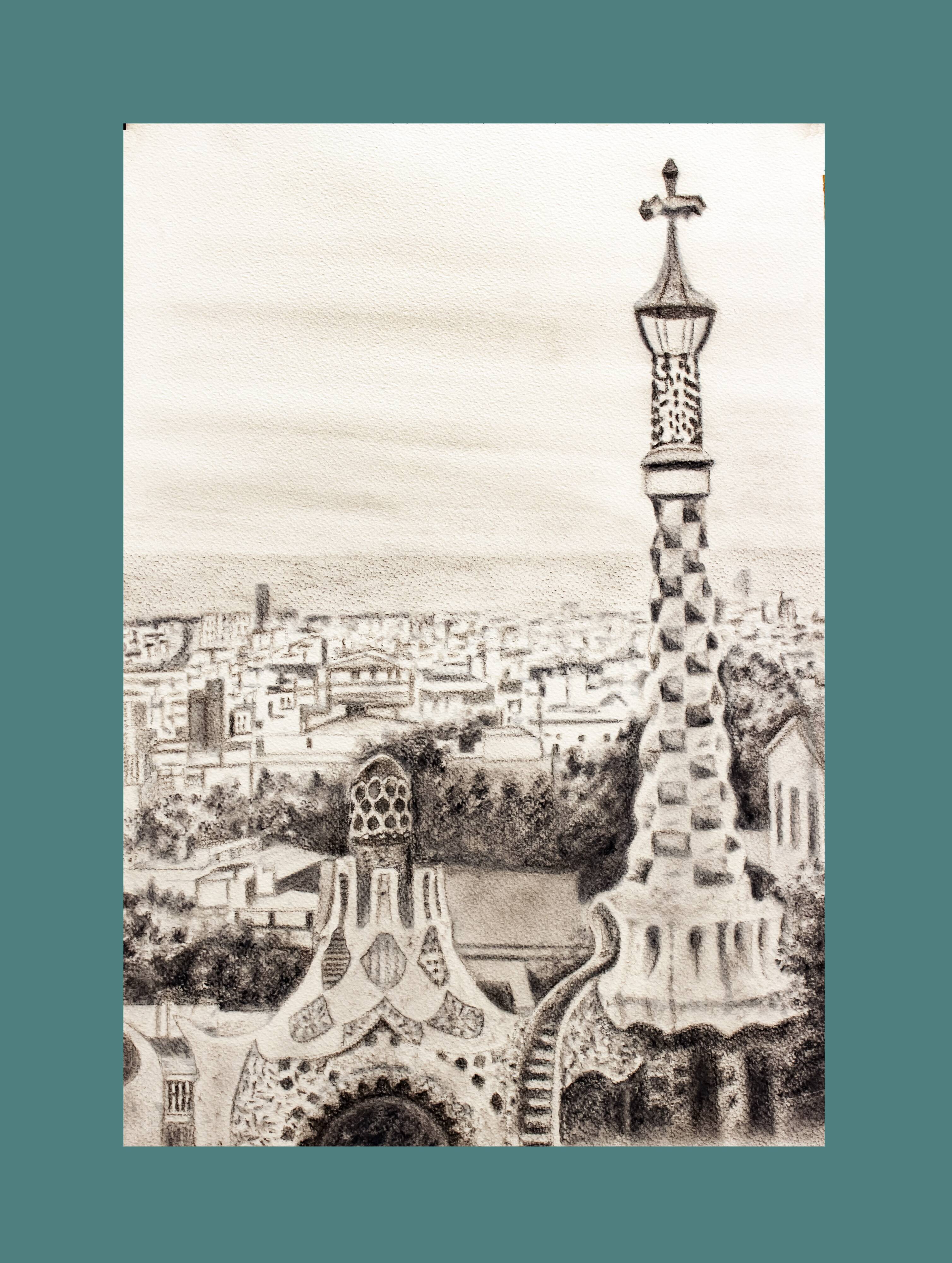 CHARCOAL DRAWING OF BARCELONA VIEW OF PARK GUELL. CITYSCAPE OF BARCELONA.