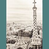DESSIN AU FUSAIS DE BARCELONE VUE DU PARC GUELL. PAYSAGE URBAIN DE BARCELONE.