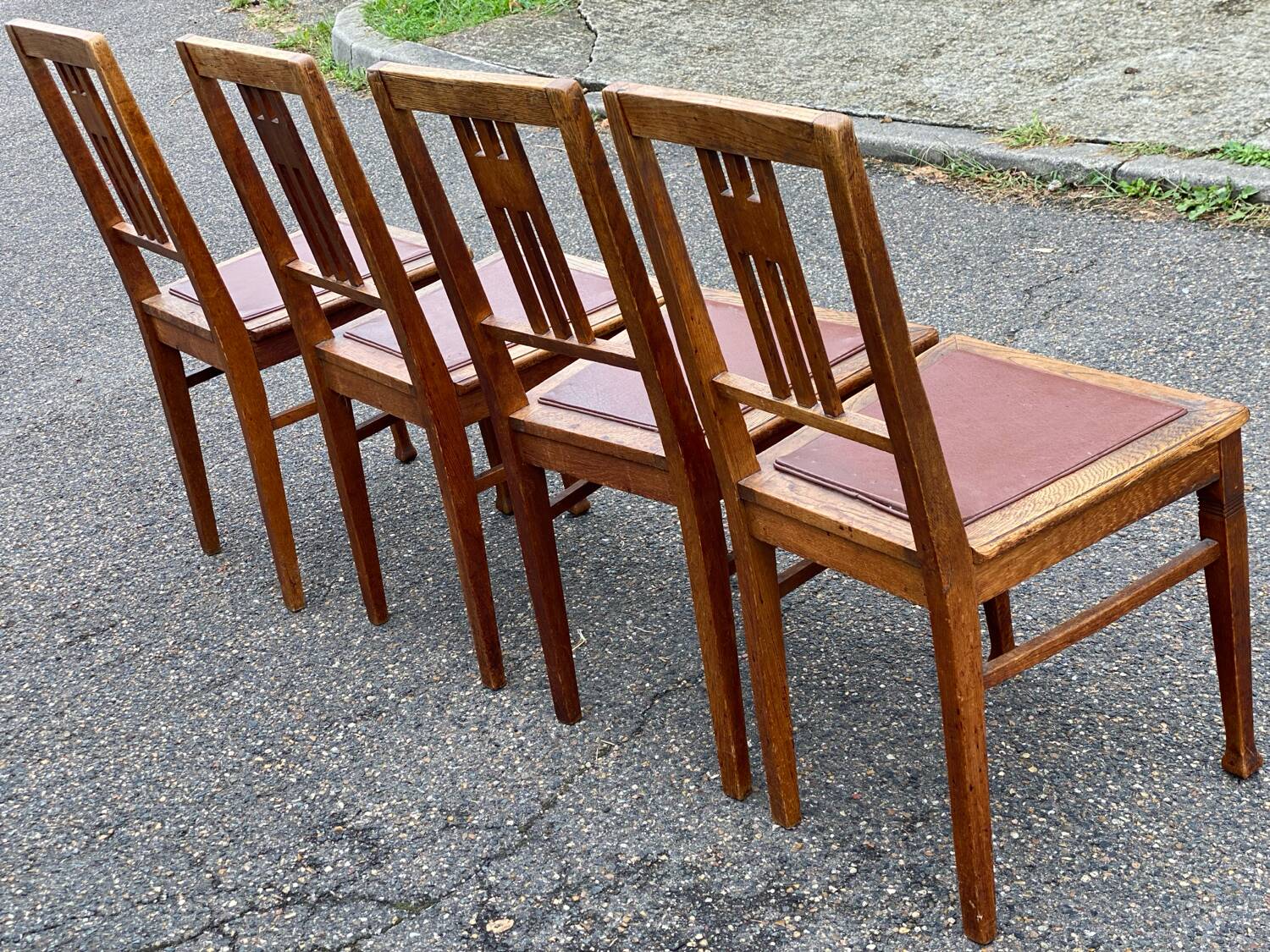 4 art deco dining chairs in solid wood and burgundy leather