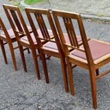 4 art deco dining chairs in solid wood and burgundy leather