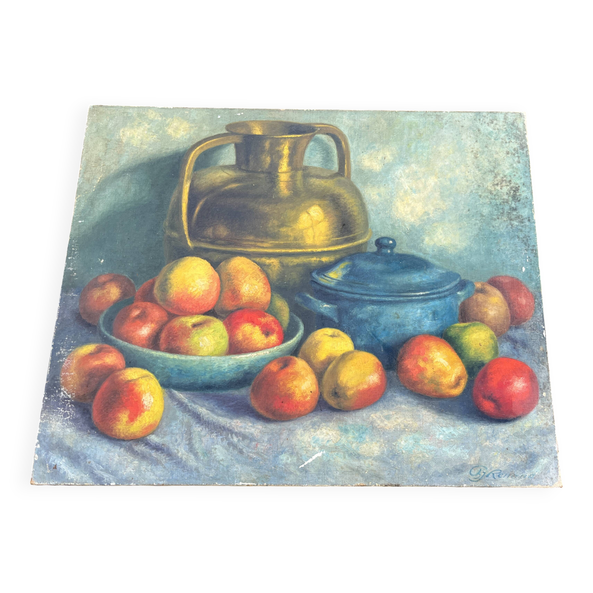 Antique painting Still life – apples, blue pottery and brass jug