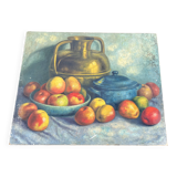 Antique painting Still life – apples, blue pottery and brass jug