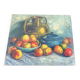 Tableau ancien Nature morte – pommes, poterie bleue et cruche en laiton sig