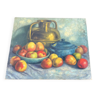 Antique painting Still life – apples, blue pottery and brass jug