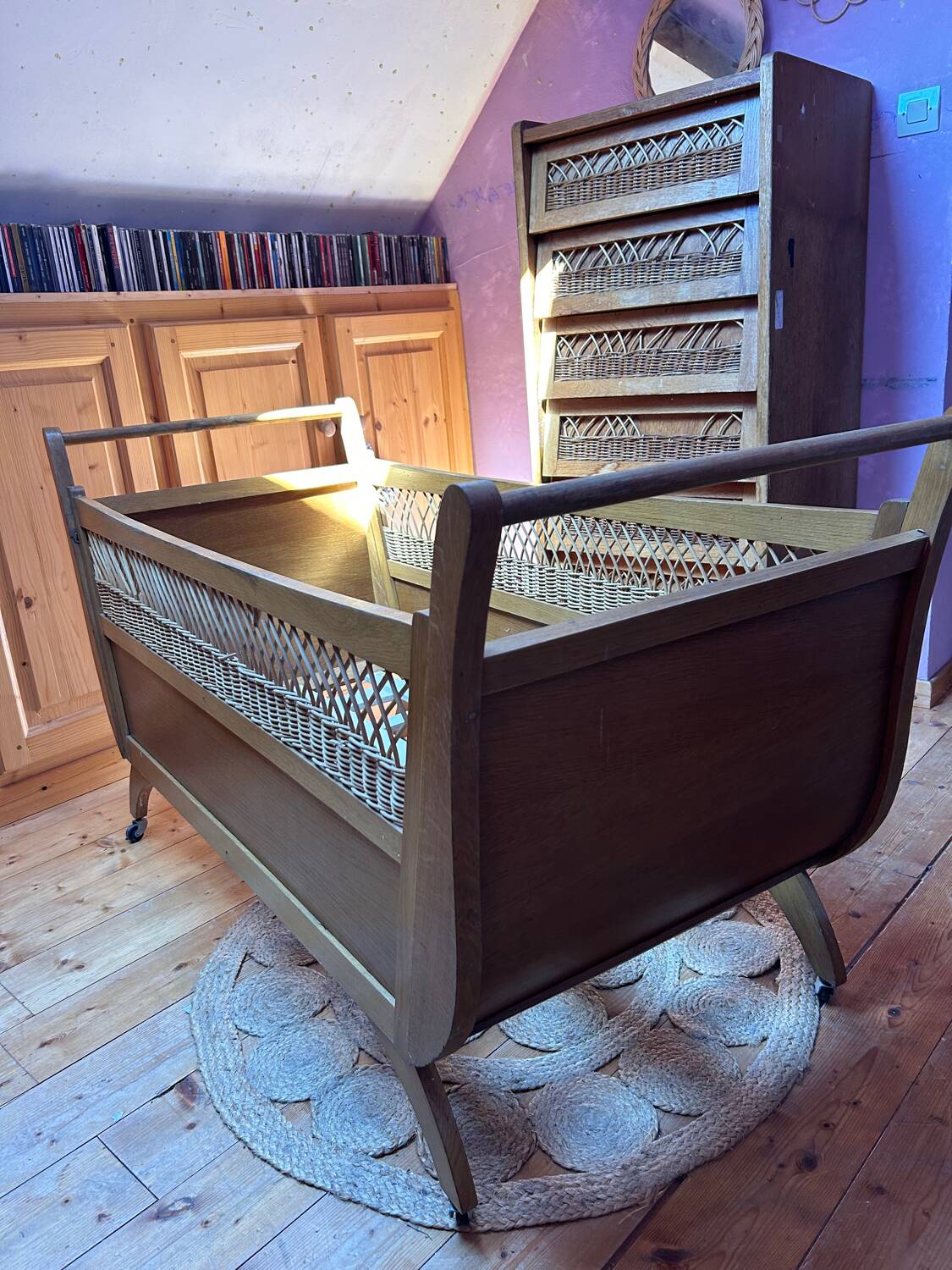 Wooden and rattan children's bed from the 60s