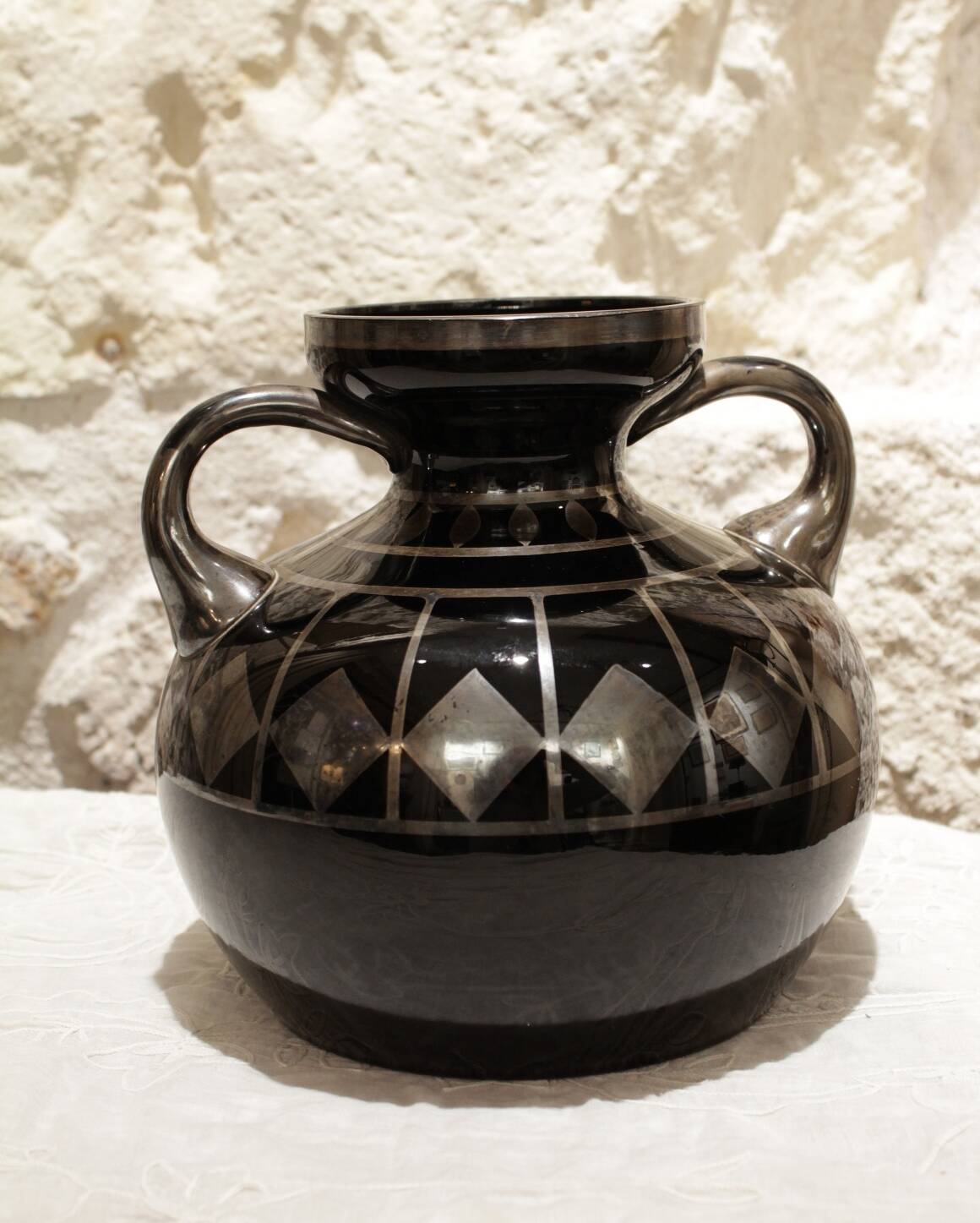 Black and silver glass vase signed hem, michel herman, circa 1930
