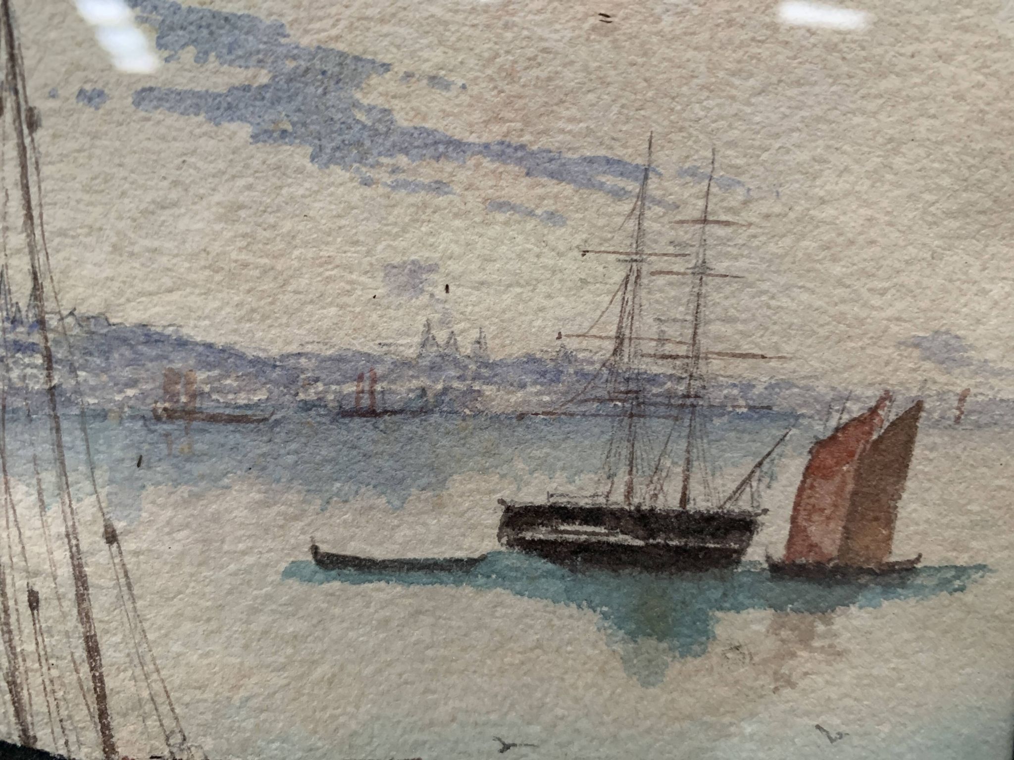 Marine watercolor "Sailboat at sea and stranded on the beach" 20th century