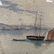 Marine watercolor "Sailboat at sea and stranded on the beach" 20th century