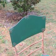 Mid century distressed painted iron garden table and 2 chairs, 1960s