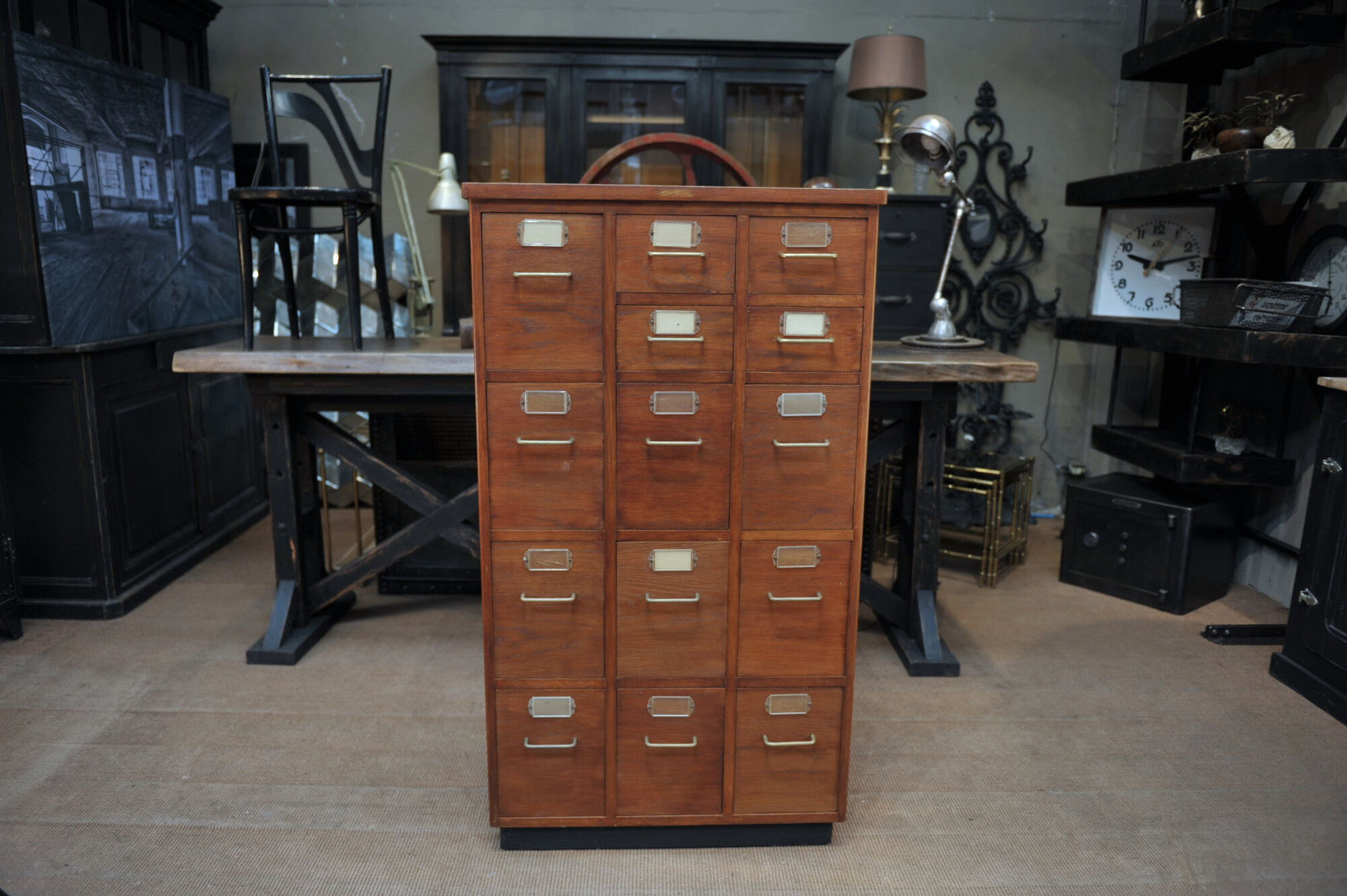 Office furniture has oak drawers 1950 brass handles and label holders