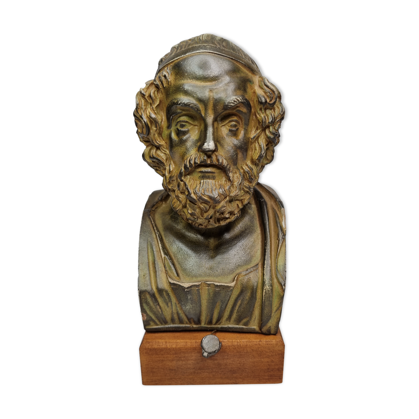 Bust of Homer in patinated plaster on wooden base, 21 cm