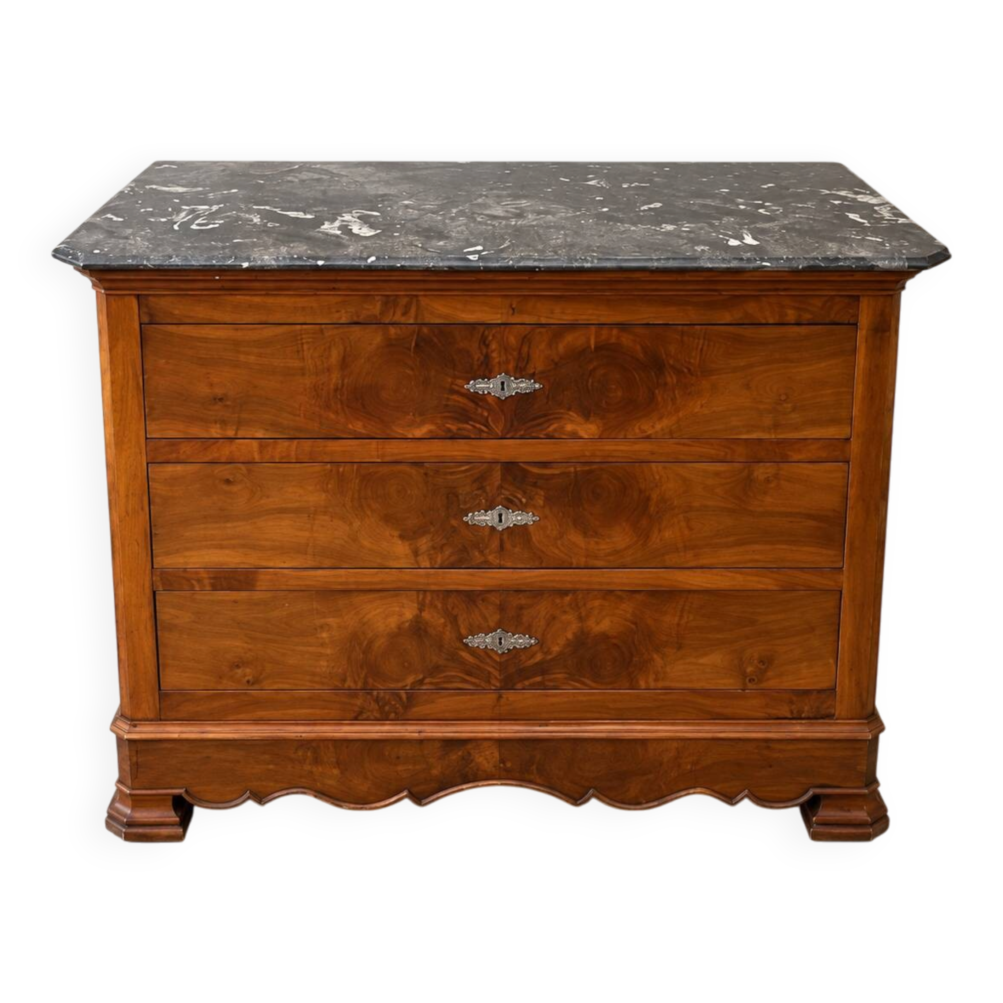 French Louis-Philippe style commode in walnut burl.