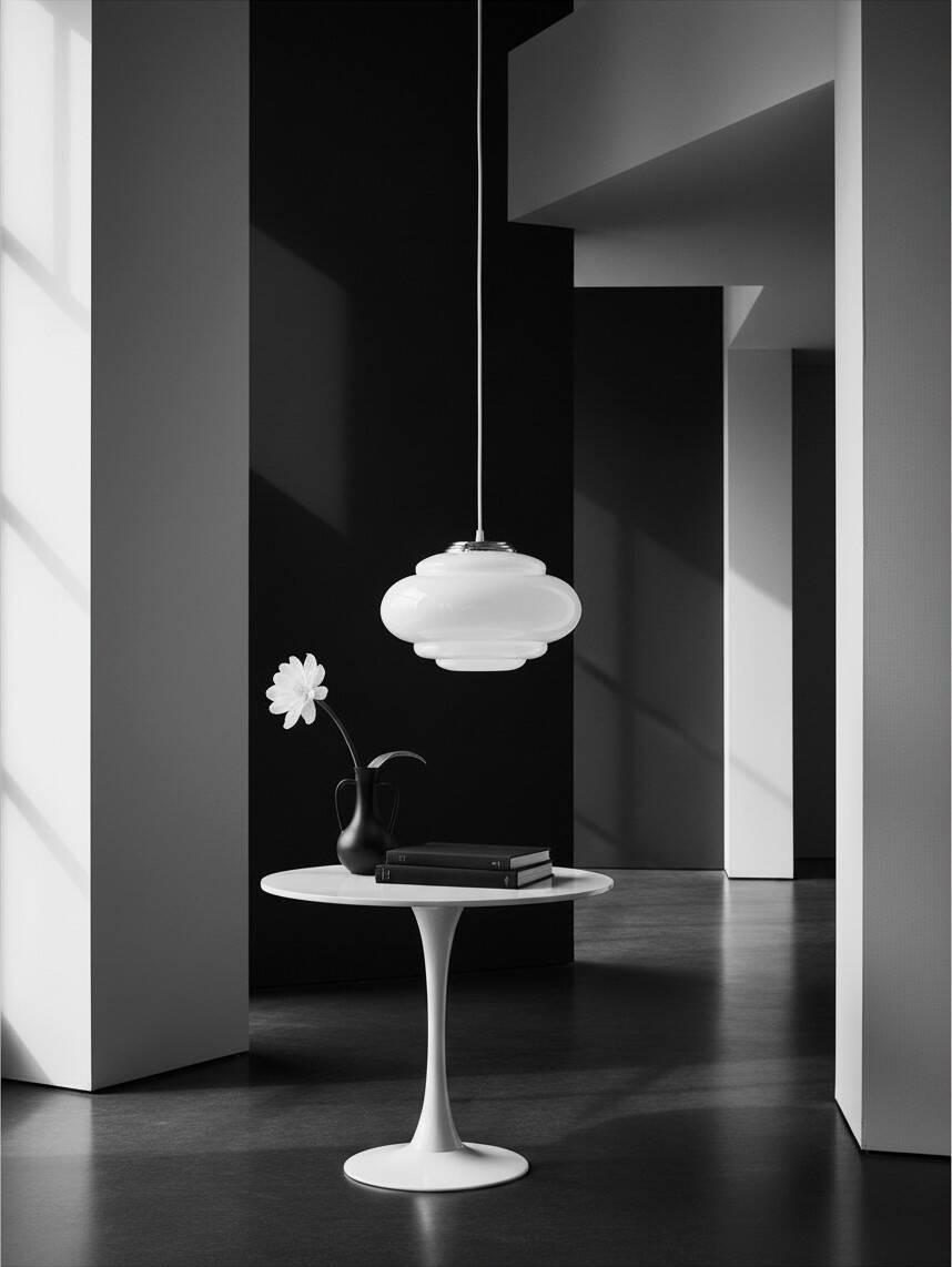 Suspension UFO in white opal with steps and chrome metal