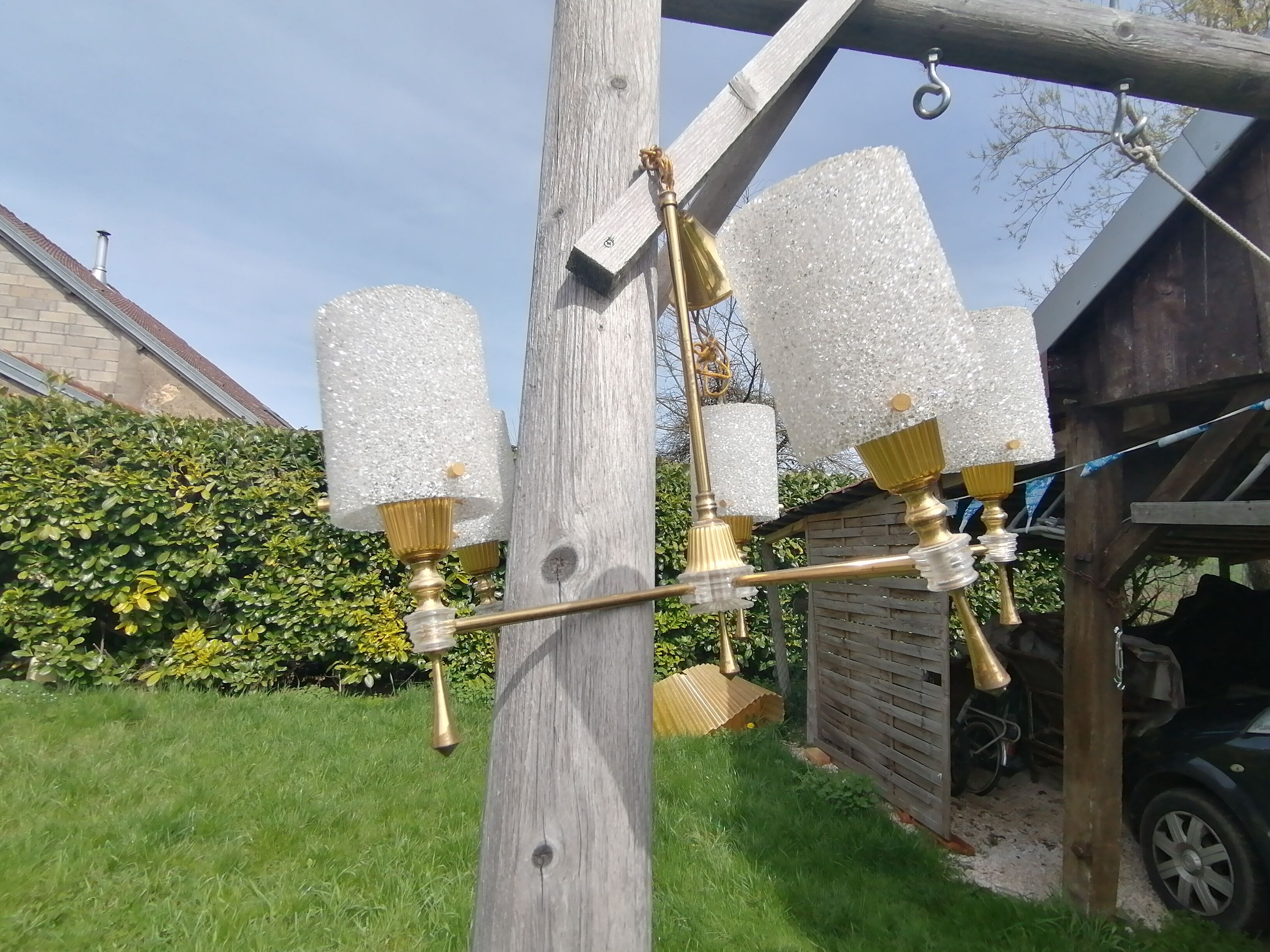 Chandelier perspex granite 1960 suspension doree