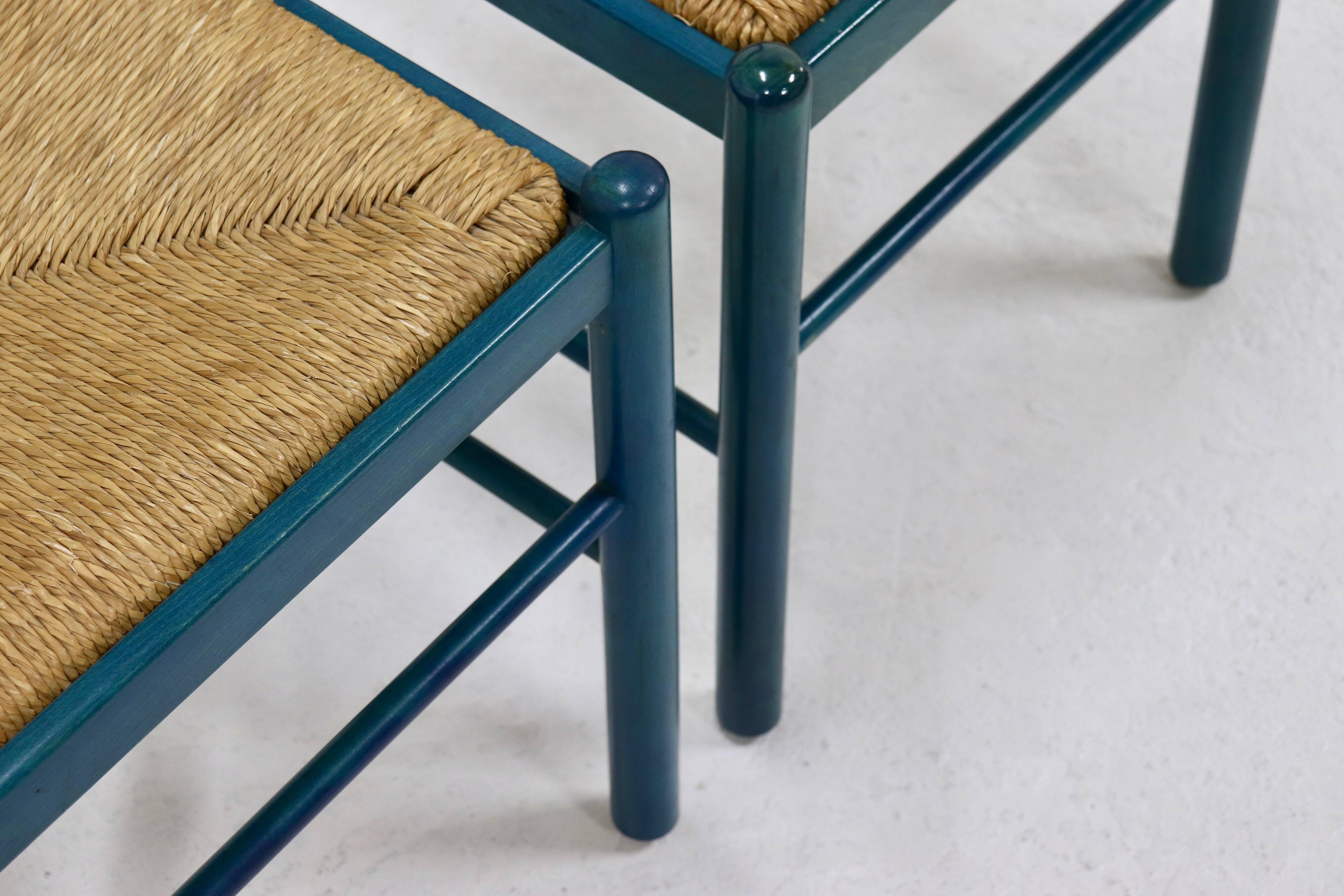 Set of 2 Stained Wood and Rush Dining Chairs 1960s