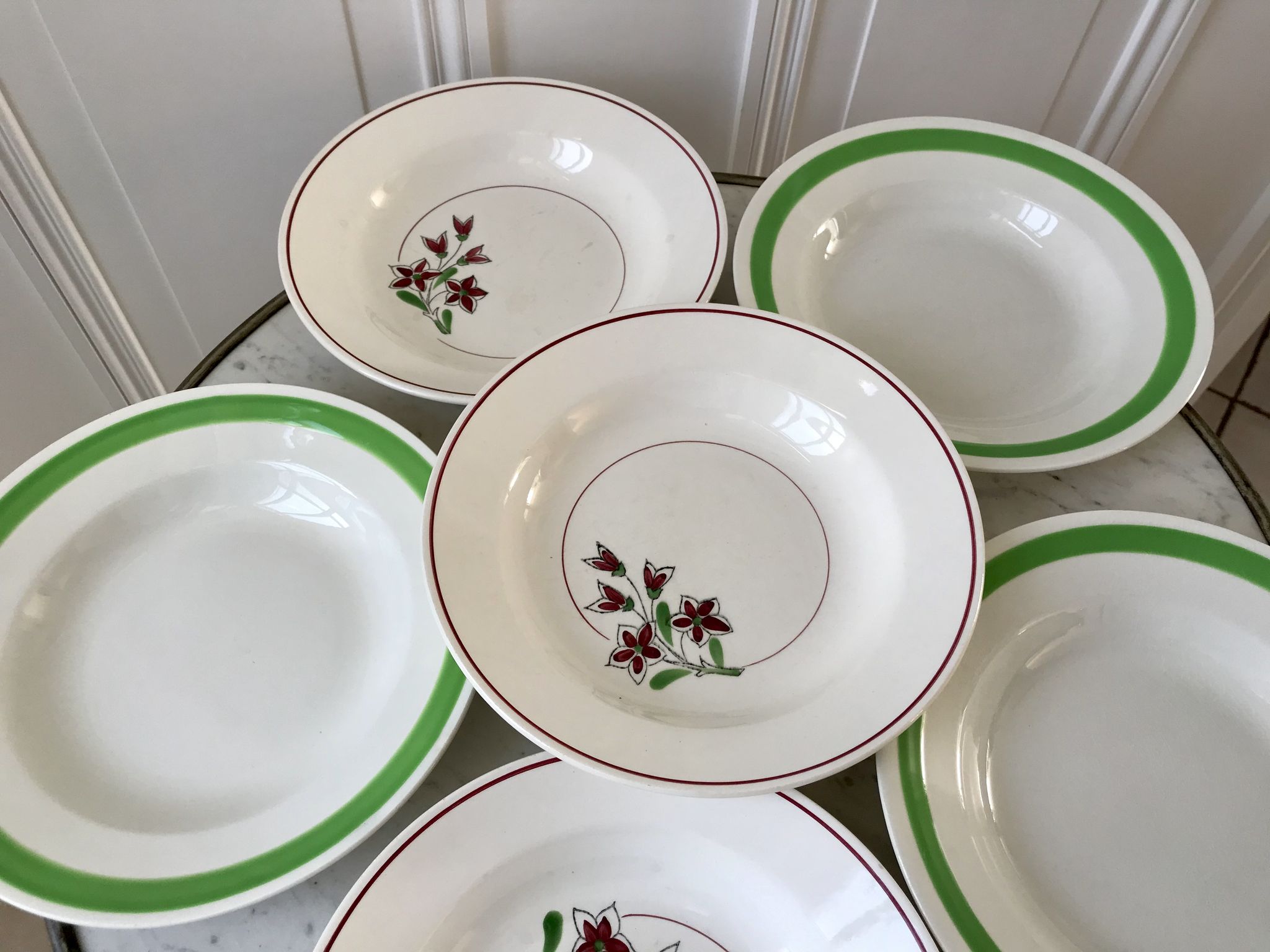 Set of 6 green and pink hollow plates Salins and Niderviller 40s