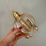 Vintage globe pendant light in amber bubble glass