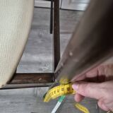 vintage chair wooden frame compass foot with metal on the front backrest and ecru leather seat