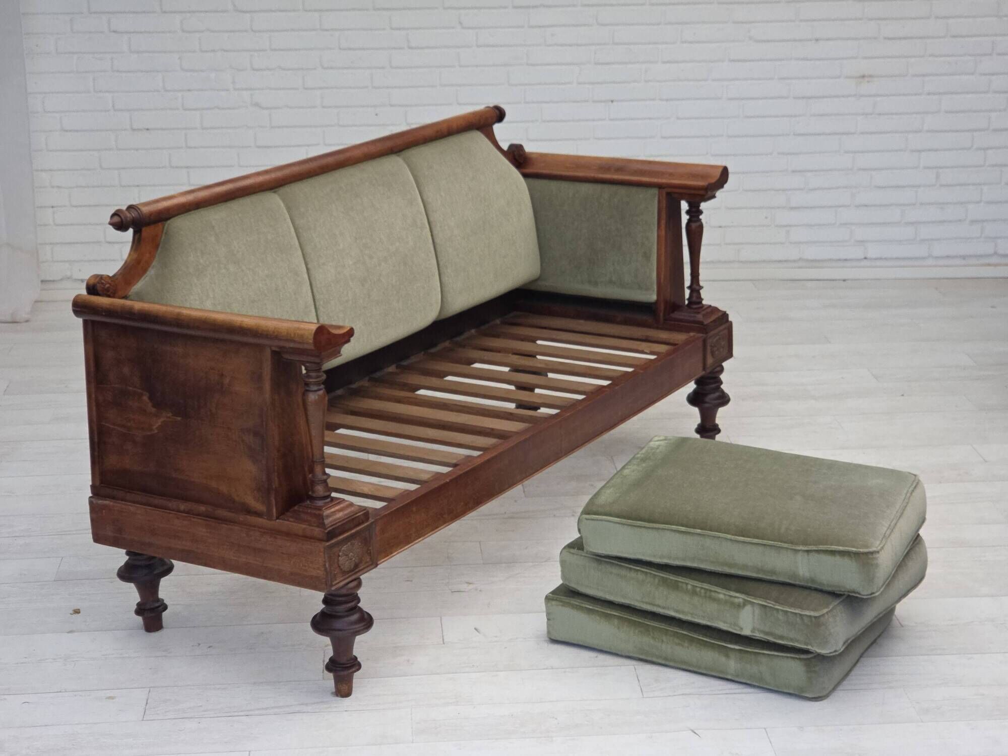 1930s, Danish 3 seater antique sofa, furniture velour, ash wood.
