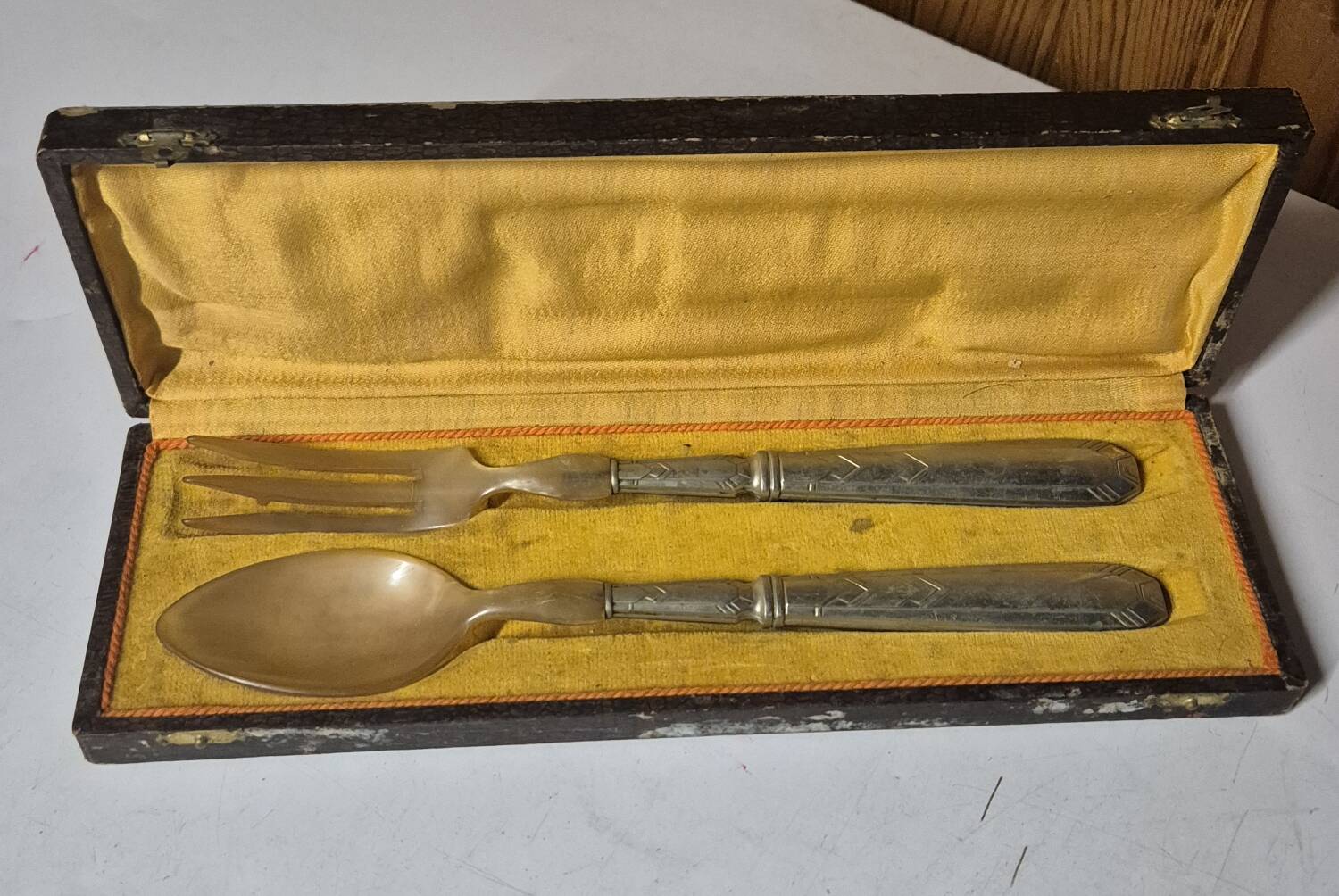 vintage metal silver-plated & bakelite salad service 28cm antique box