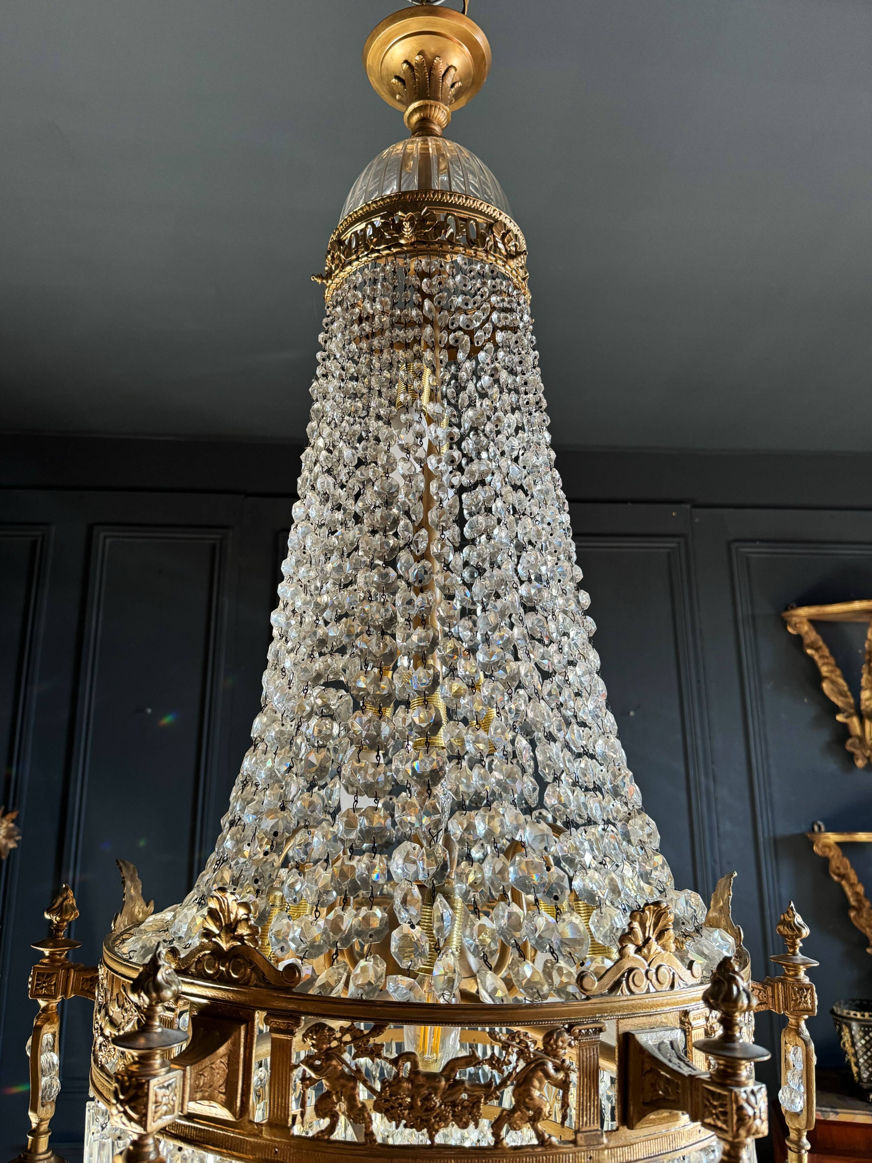 19th Century Louis XVI Style Gilt Bronze Chandelier With Crystal Tassels - H125cm