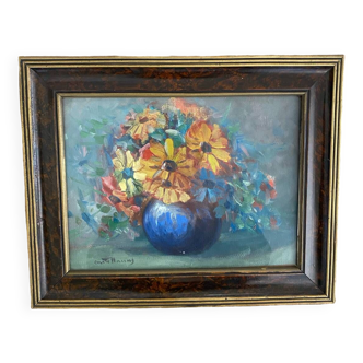 Peinture sur toile bouquet de fleurs dans un vase.