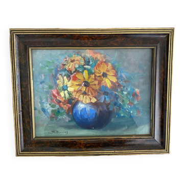 Painting on canvas, bouquet of flowers in a vase.