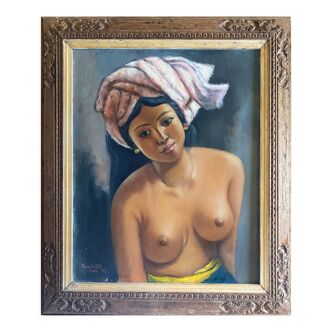 Orientalist painting Bali "Femme dêvetue" signed and dated 1984 with frame