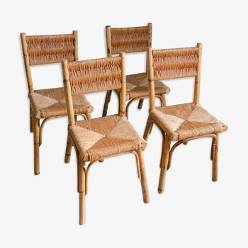 Set of 4 chairs wicker and straw