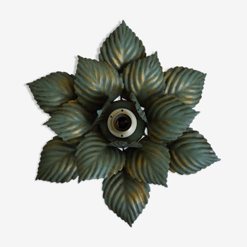 Applique ou plafonnier fleur en métal vert et doré