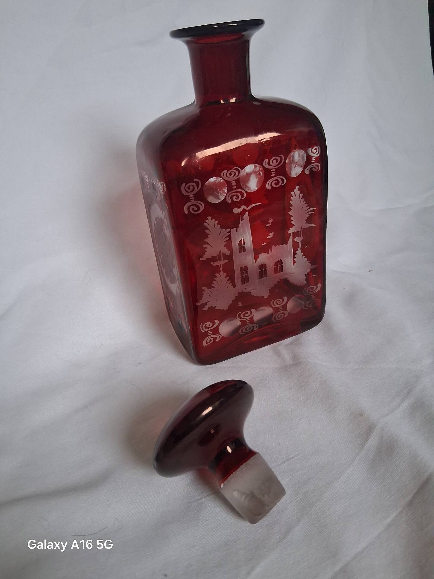 Antique Bohemian Crystal Carafe Egermann Ruby Red Engraved.