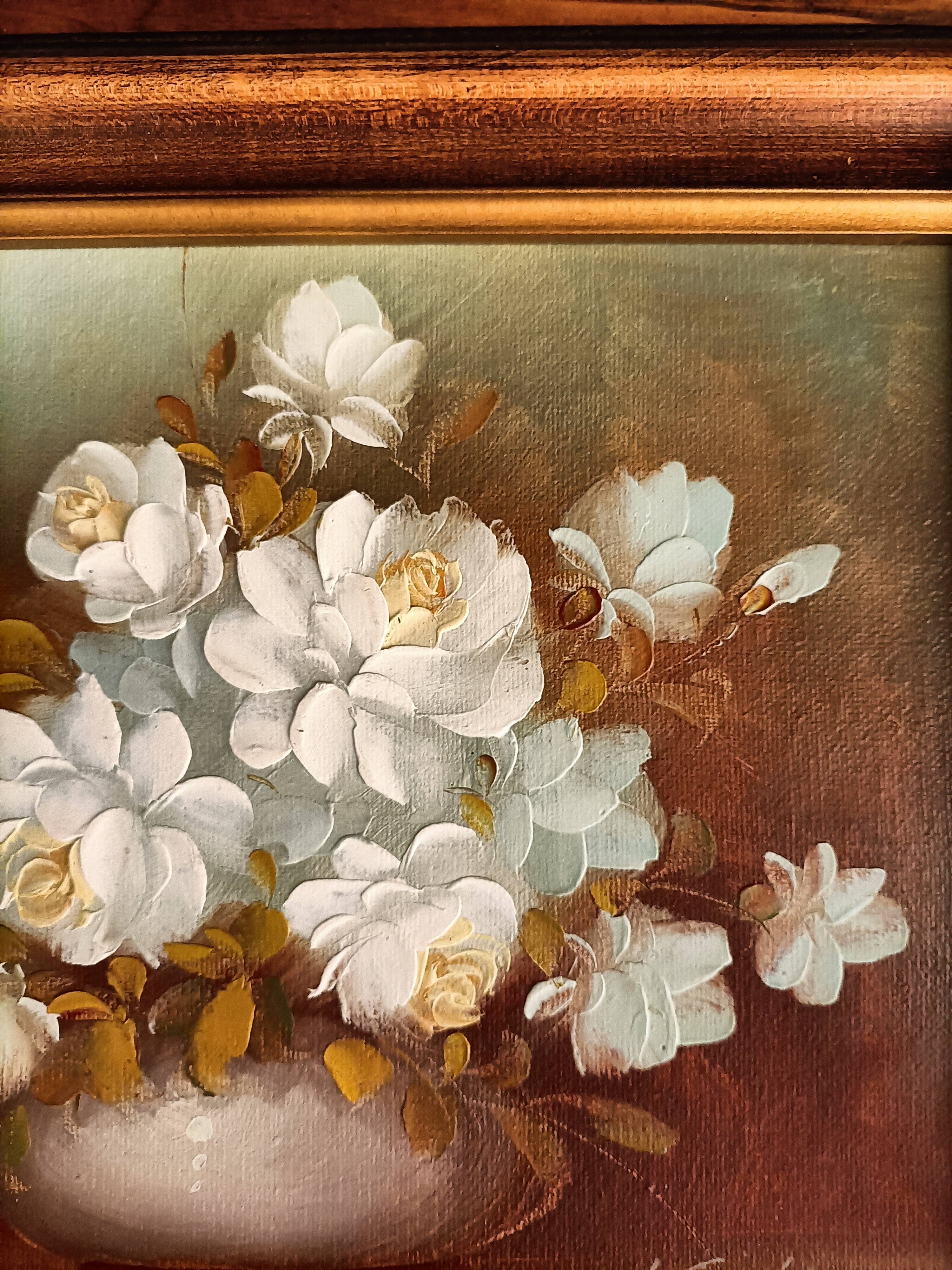 Still life painting with flowers, artist's signature