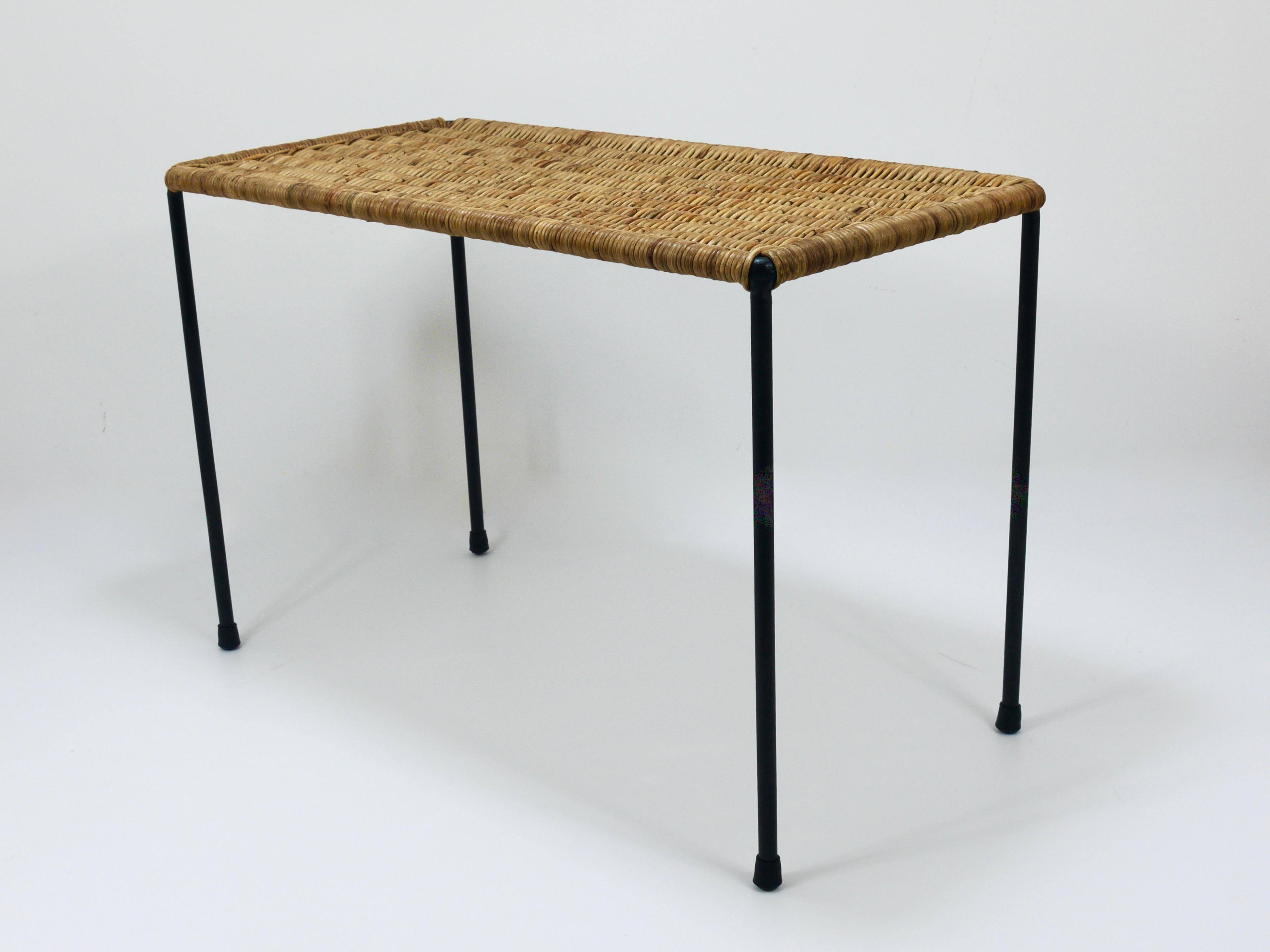 Long side table by Carl Aubock, flower bench, rattan, wicker, Austria, 1950s