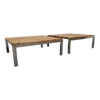 Pair of coffee tables or side tables in solid oak, France circa 1970.