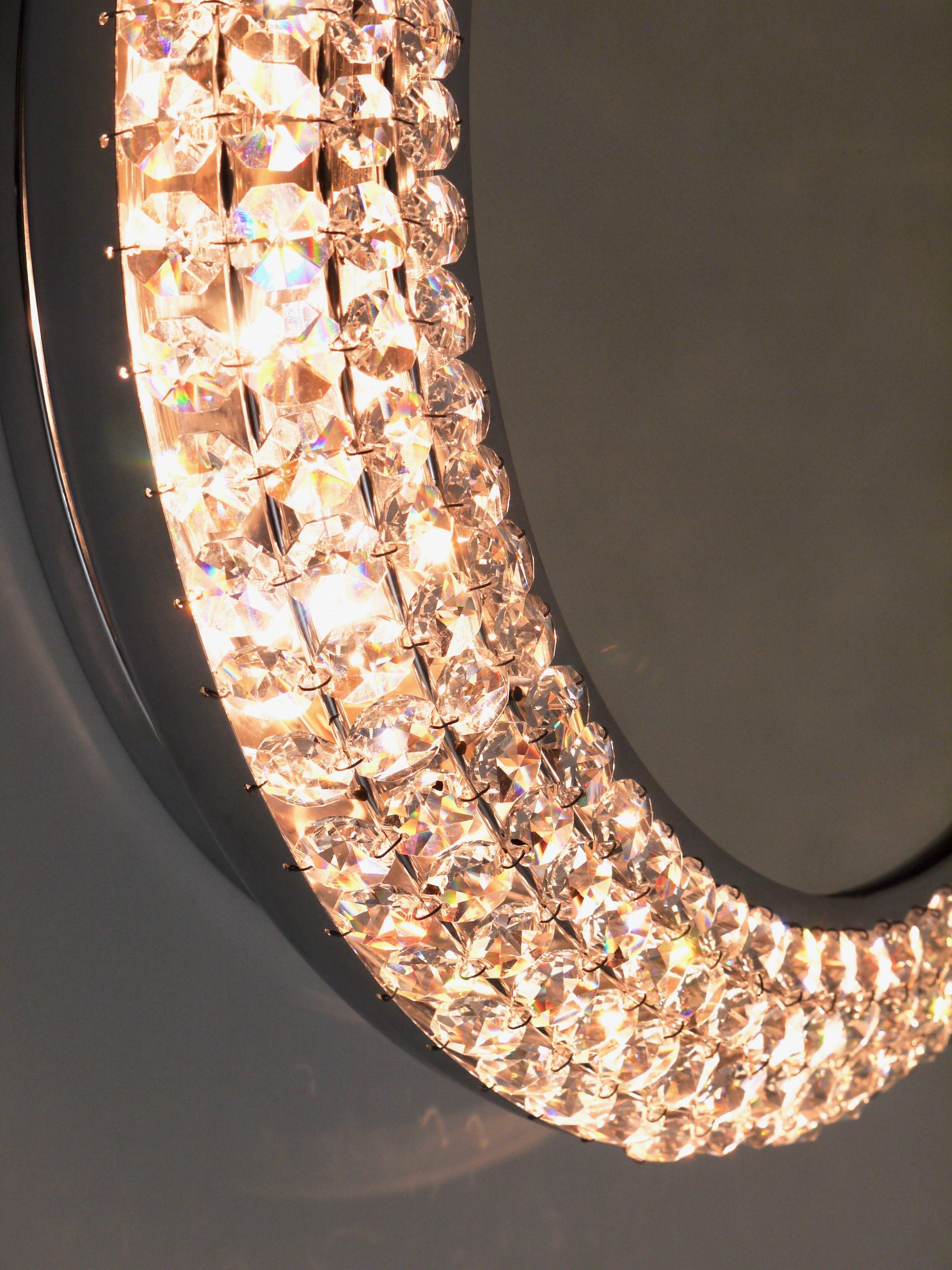 Round Wall Mirror in Bakalowits Style with Faceted Crystal & Chrome Lighting, 1960s