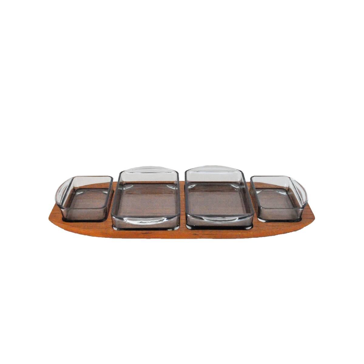 Danish Modern Teak Serving Tray with Glass Bowls, Denmark, 1960s