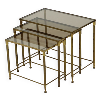 Set of 3 Nesting Tables Mid Century Modern Maison Jansen Style Smoke Glass Brass