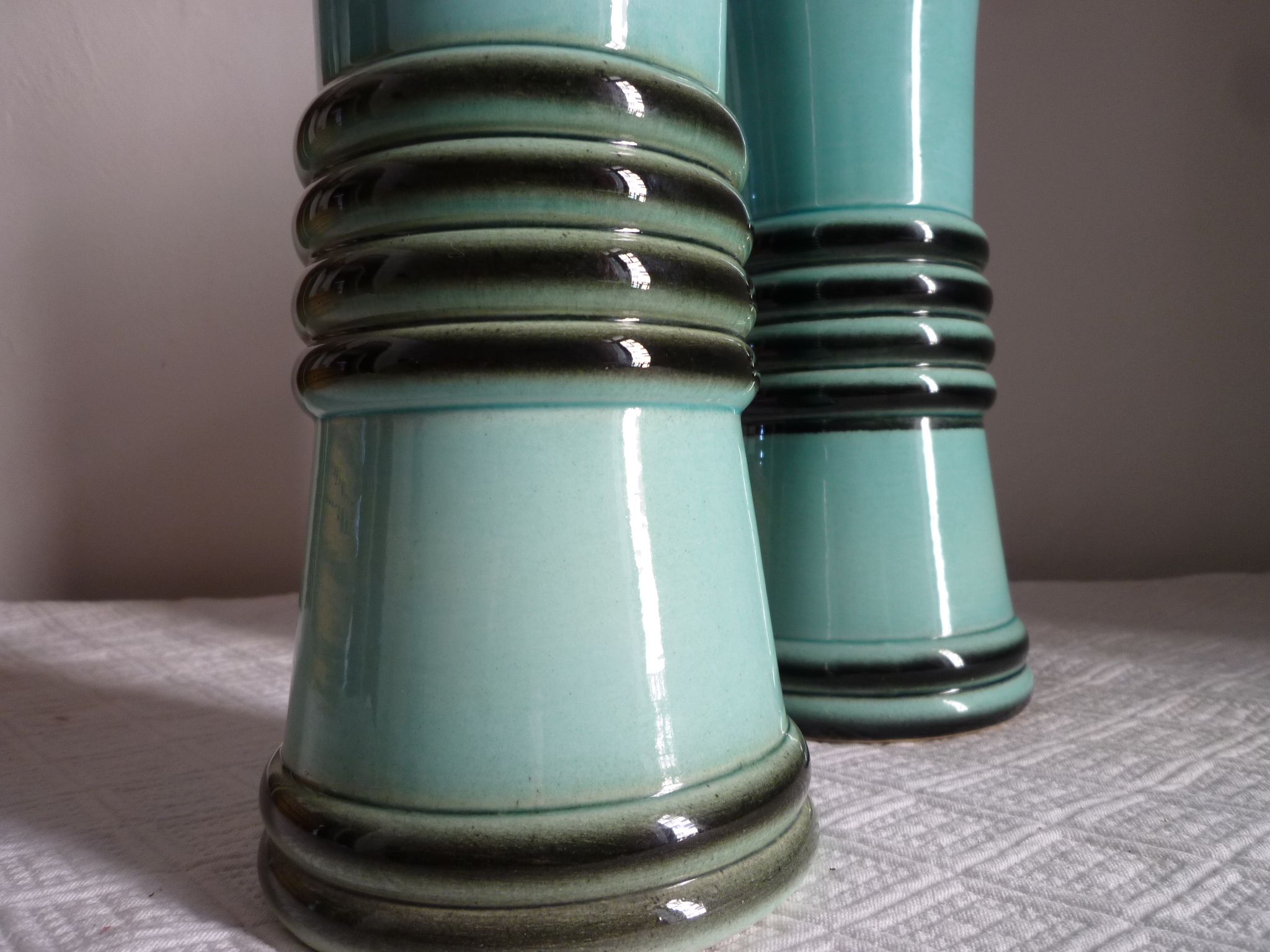 Pair of vases in majolica blue celadon and black of the 1950s