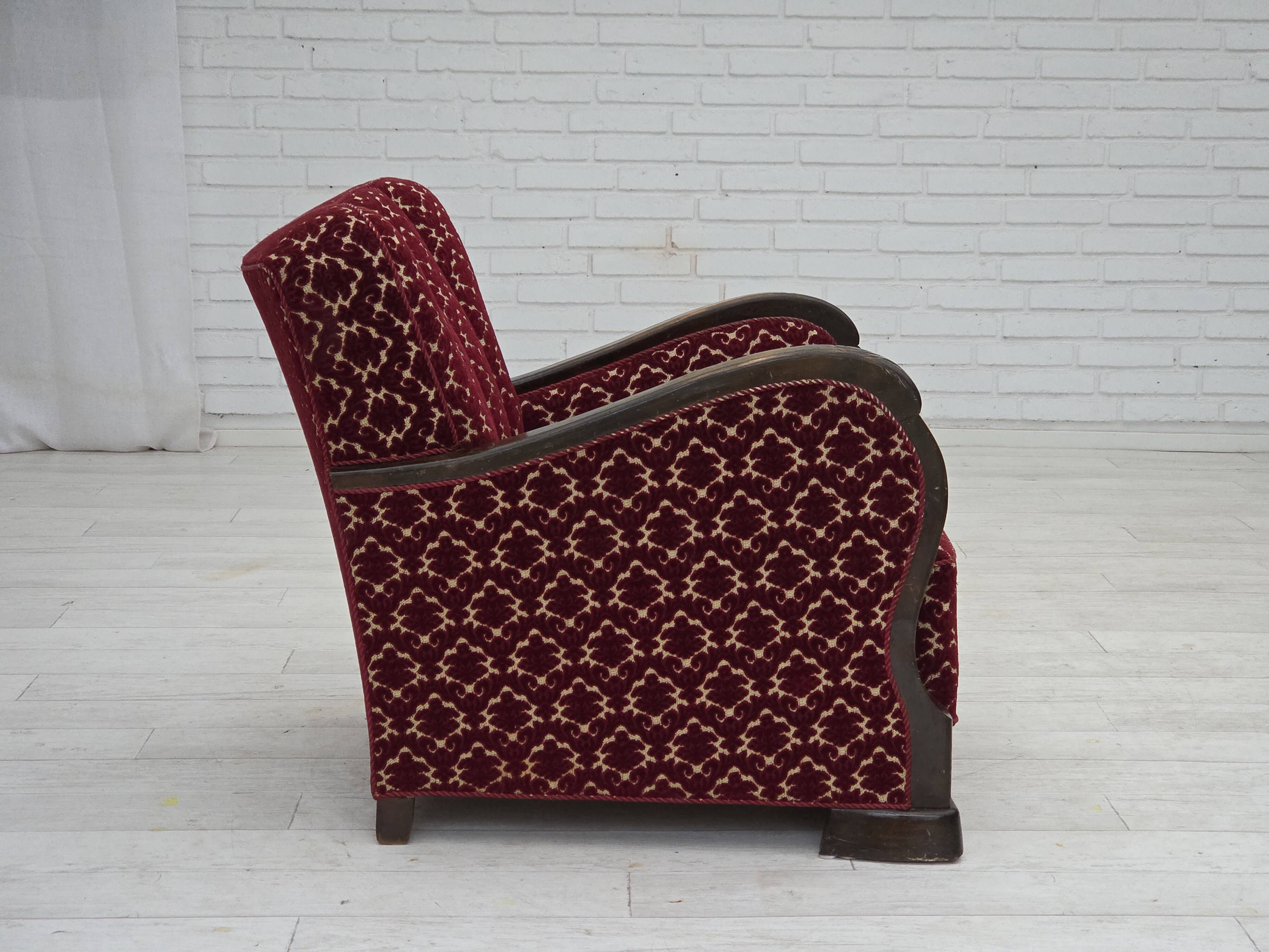 1960s, Danish armchair, cherry-red furniture velour, oak wood.