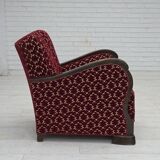 1960s, Danish armchair, cherry-red furniture velour, oak wood.