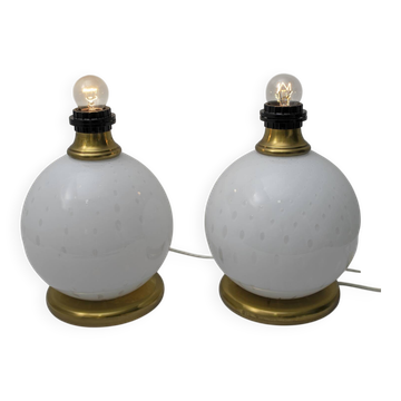 Pair of Mid-Century Modern Brass and Blown Murano Glass Table Lamps, 1970s