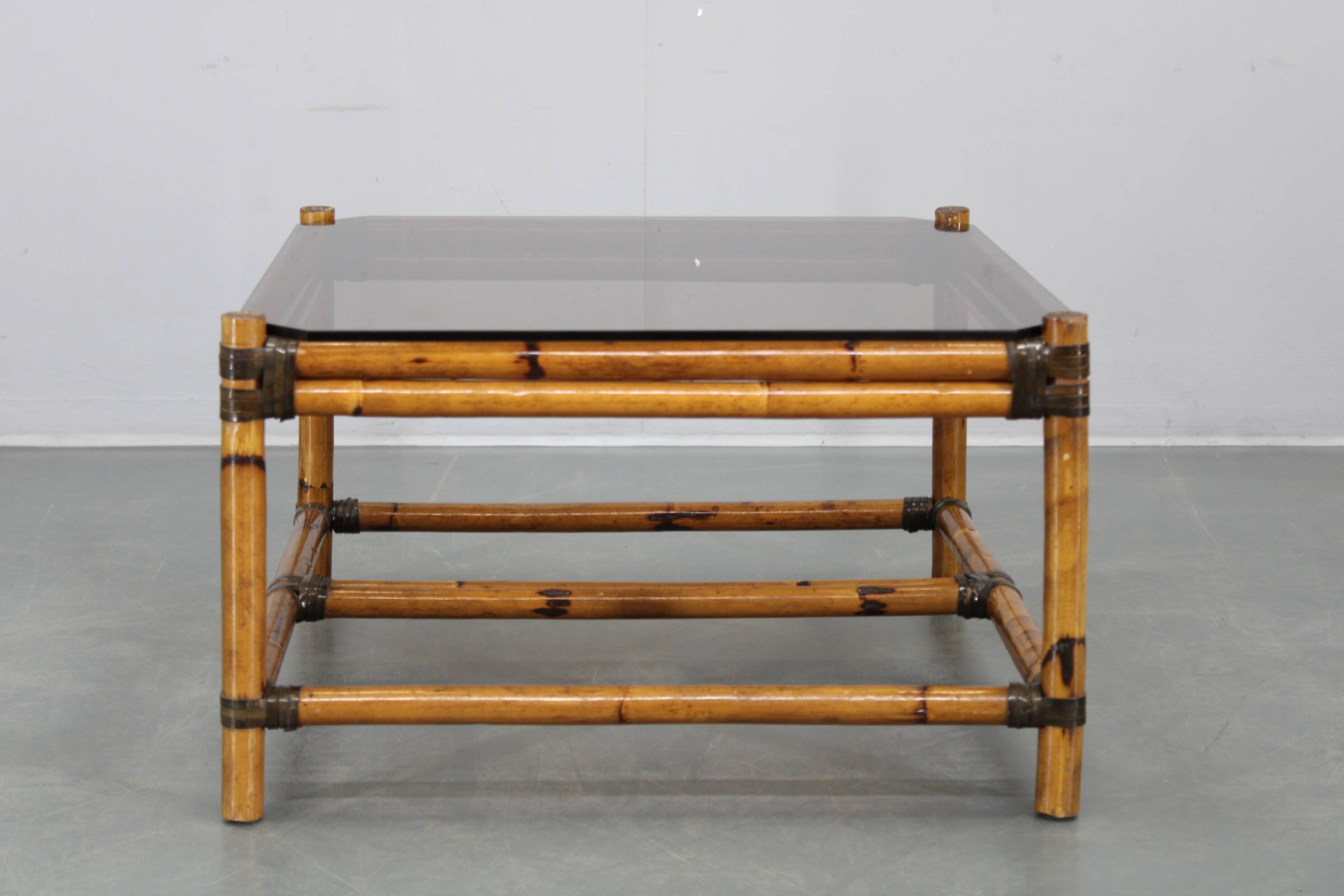 Vintage bamboo coffee table with smoked glass top