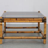Vintage bamboo coffee table with smoked glass top